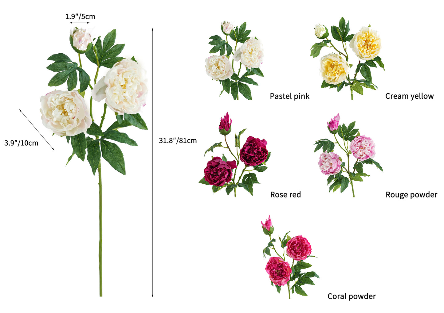 Cream Colors Faux Real Touch Peony Flower -31.8"